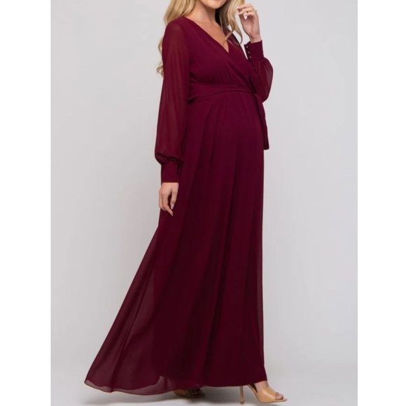 Burgundy Long Formal Chiffon Maternity Wrap Dress, NWOT - Picture 1 of 4